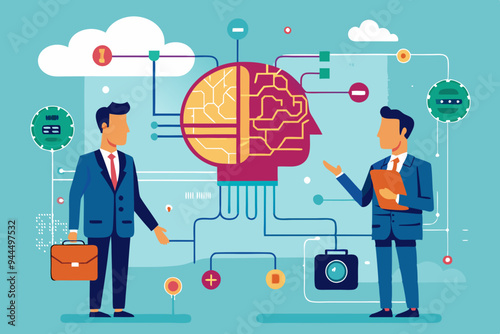 AI machine learning, neural network technology or human to work together with AI artificial intelligence, innovation technology concept, businessman connect human brain with AI chip processing unit.
