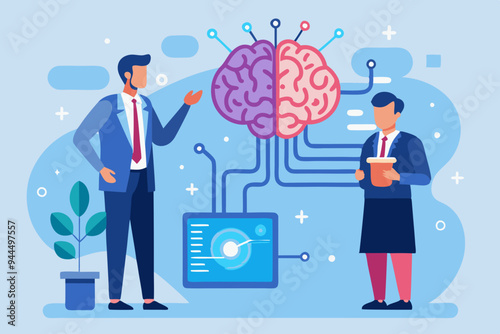 Businessman Integrating Human Brain with AI Chip Processing Unit, Collaborative Innovation Concept in AI Machine Learning and Neural Network Technology.