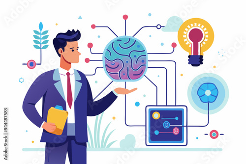 AI machine learning, neural network technology or human to work together with AI artificial intelligence, innovation technology concept, businessman connect human brain with AI chip processing unit.
