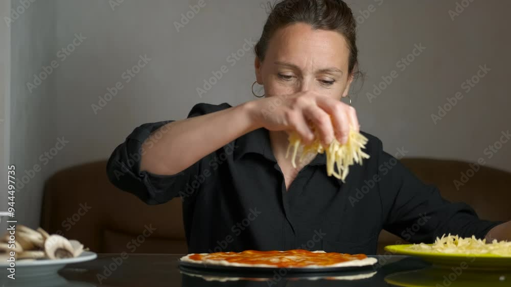 Smiling housewife add cheese on pizza. A view of happy housewife decorated the uncooked pizza with grated cheese on the table. Smiling housewife add cheese on pizza. A view of happy housewife decorated the uncooked pizza with grated cheese on the table.