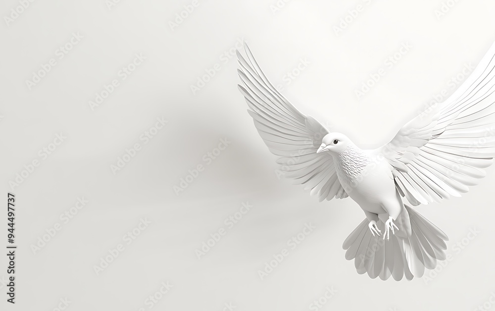 Fototapeta premium A white dove in flight against a white background, symbolizing peace, hope, and freedom.
