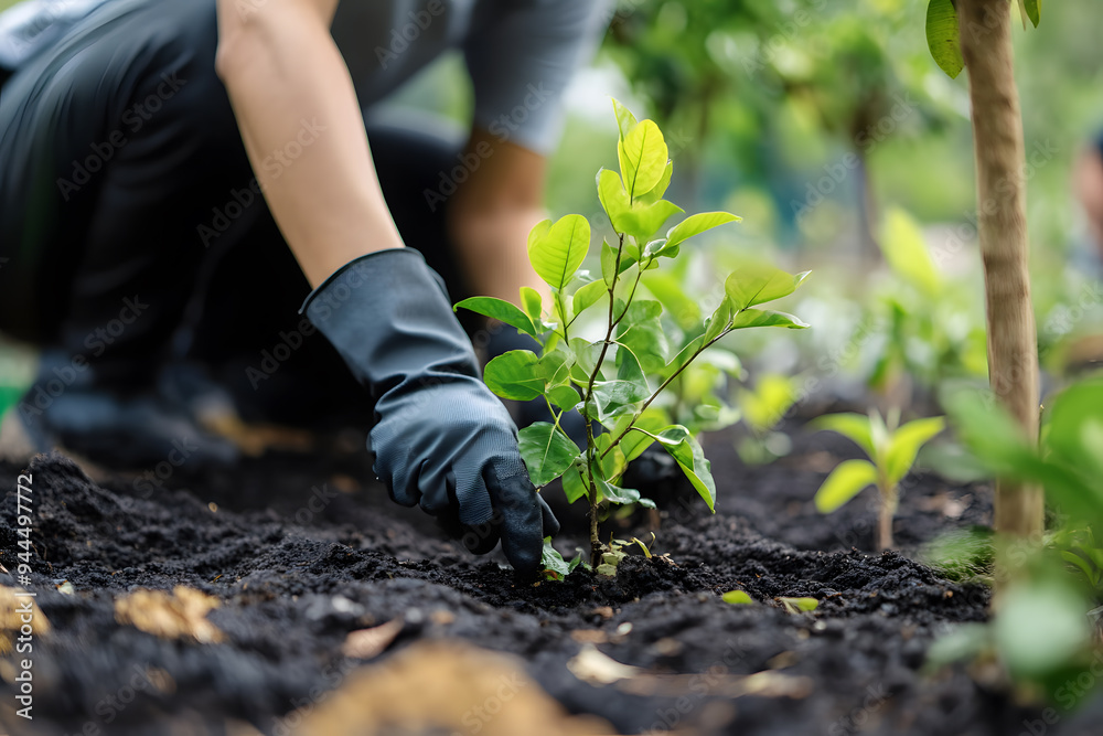 Woman planting a young tree in a garden Woman planting a young tree in a garden