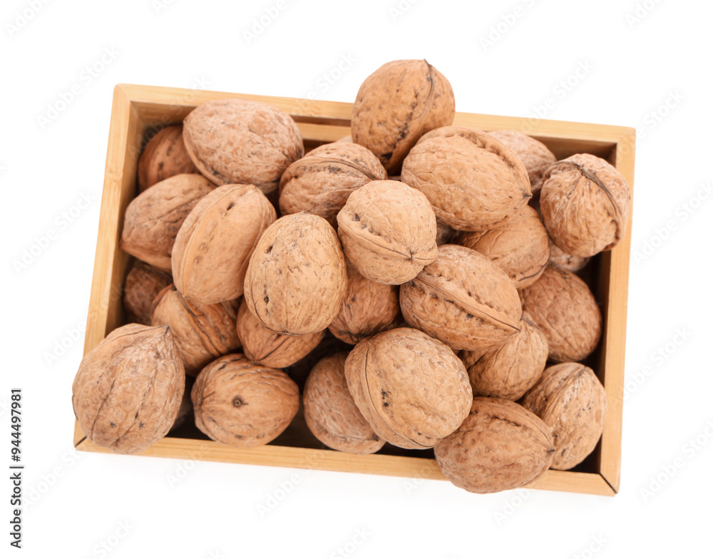 Wooden box with tasty walnuts on white background Wooden box with tasty walnuts on white background