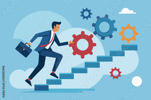 Best practices development, strategy to success or improvement, planning, progress or implementation process, efficiency or productivity concept, businessman running up stair on cogwheel gears system
