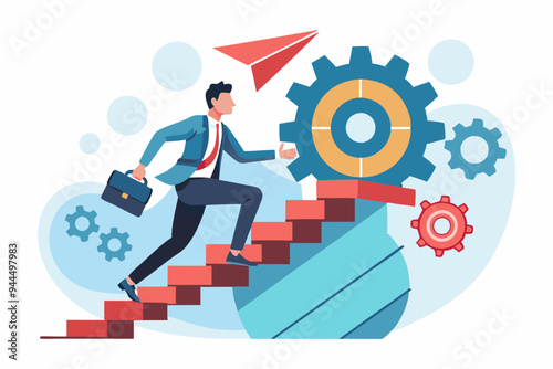 Best practices development, strategy to success or improvement, planning, progress or implementation process, efficiency or productivity concept, businessman running up stair on cogwheel gears system
