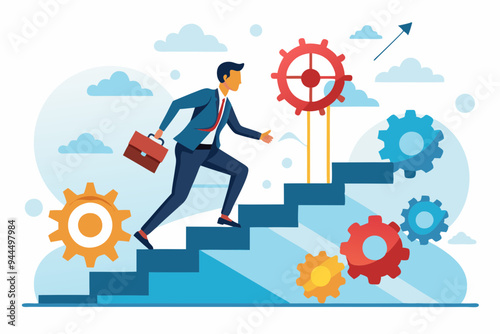 Best practices development, strategy to success or improvement, planning, progress or implementation process, efficiency or productivity concept, businessman running up stair on cogwheel gears system
