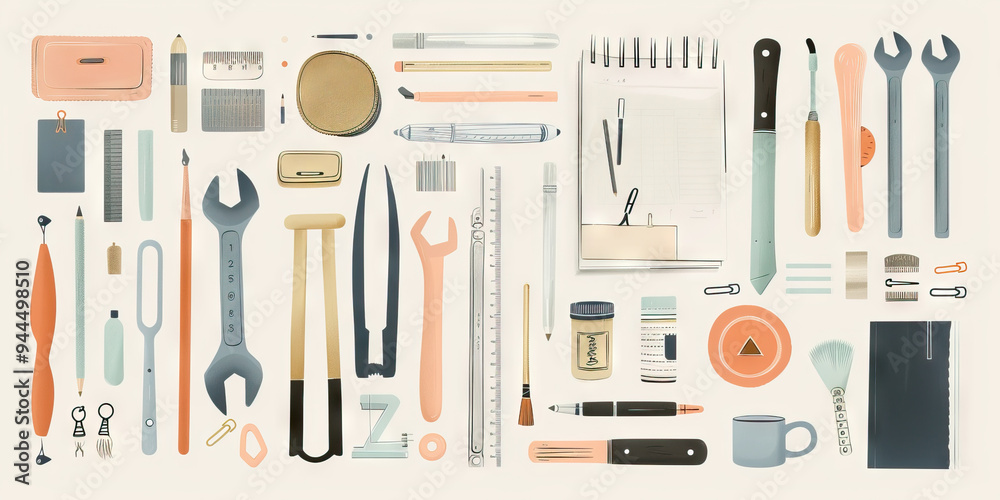 A serene, minimalist design featuring a collection of hand-drawn tools and office supplies in muted tones, against a neutral white background. A serene, minimalist design featuring a collection of hand-drawn tools and office supplies in muted tones, against a neutral white background.