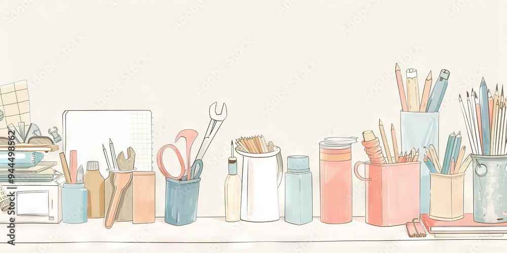 A serene, minimalist design featuring a collection of hand-drawn tools and office supplies in muted tones, against a neutral white background. A serene, minimalist design featuring a collection of hand-drawn tools and office supplies in muted tones, against a neutral white background.