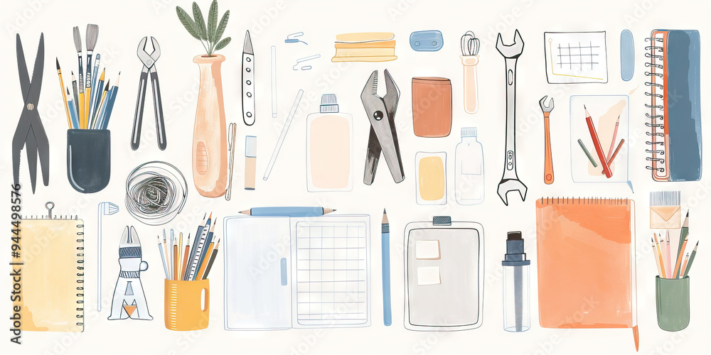 A serene, minimalist design featuring a collection of hand-drawn tools and office supplies in muted tones, against a neutral white background. A serene, minimalist design featuring a collection of hand-drawn tools and office supplies in muted tones, against a neutral white background.