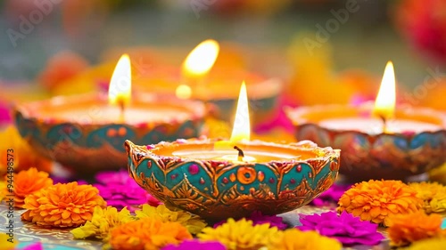 Background with bright colorful clay diya lamps for diwali festival celebration