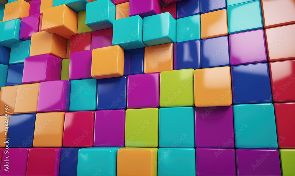 A colorful wall of shiny blocks creates a playful pattern A colorful wall of shiny blocks creates a playful pattern