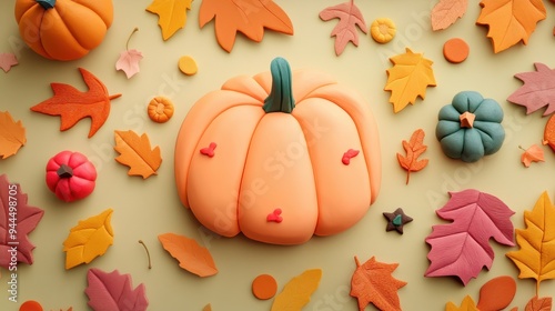 An autumn-themed illustration featuring colorful pumpkins and leaves arranged on a light background. Generative AI