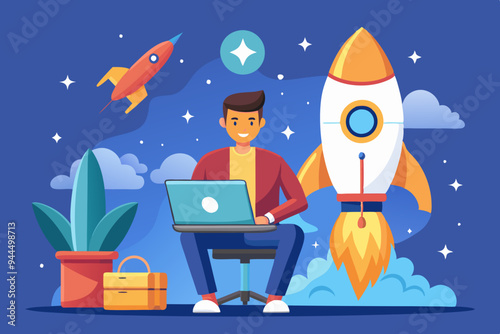 Solopreneur solo entrepreneur, working alone or startup business owner, founder or entrepreneurship, independent developer, freelancer concept, businessman entrepreneur launching company rocket alone.