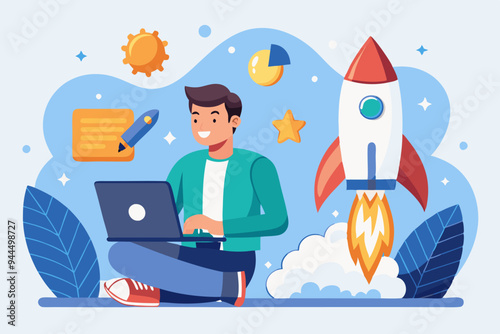 Solopreneur solo entrepreneur, working alone or startup business owner, founder or entrepreneurship, independent developer, freelancer concept, businessman entrepreneur launching company rocket alone.