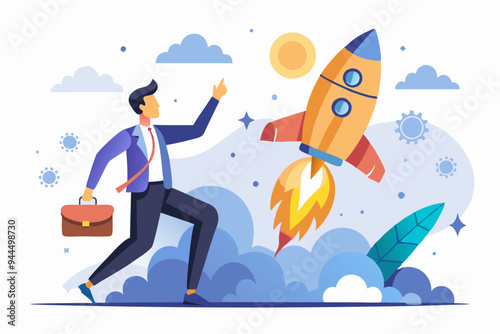 Solopreneur solo entrepreneur, working alone or startup business owner, founder or entrepreneurship, independent developer, freelancer concept, businessman entrepreneur launching company rocket alone.