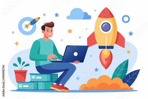 Solopreneur solo entrepreneur, working alone or startup business owner, founder or entrepreneurship, independent developer, freelancer concept, businessman entrepreneur launching company rocket alone.