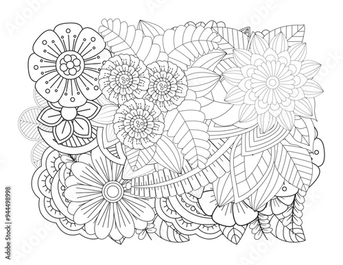  Floral picture in black and white for adult coloring books. Coloring page of monochrome flowers and leafs. Doodles pattern, Page for coloring book. Outline flowers. Doodles in black and white