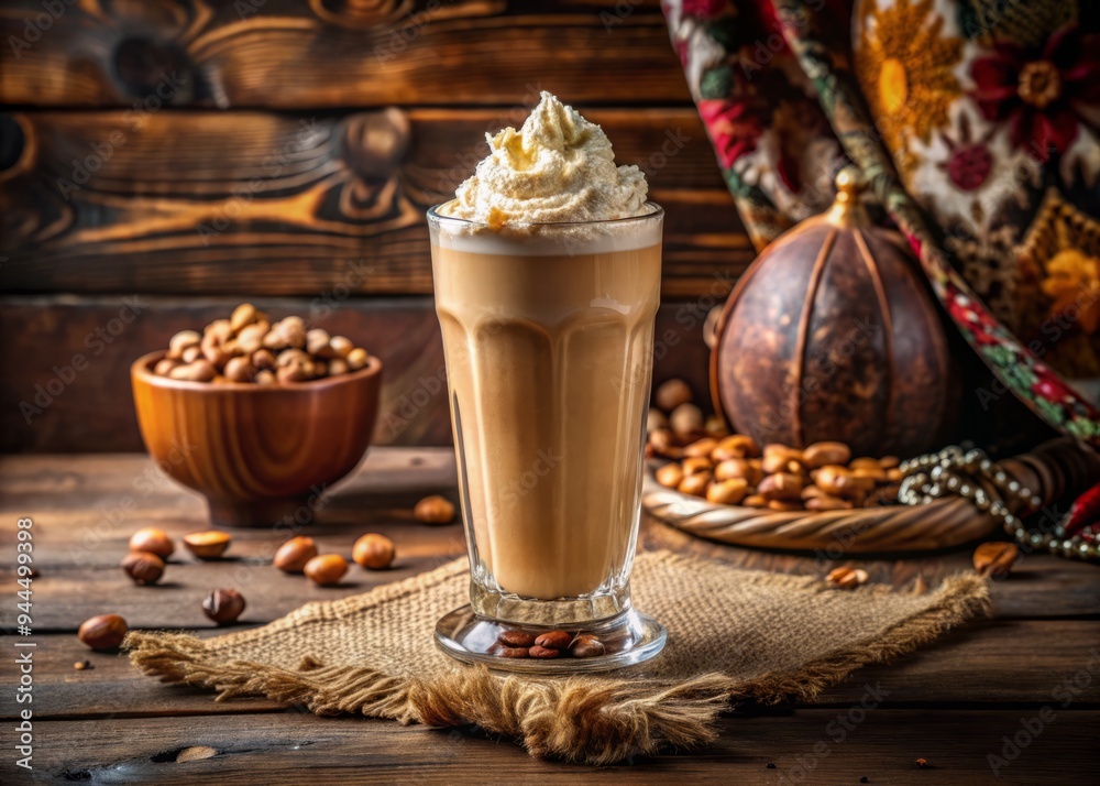 A heavenly hazelnut smoothie smothered in extra whipped cream, served in a tall clear glass A heavenly hazelnut smoothie smothered in extra whipped cream, served in a tall clear glass