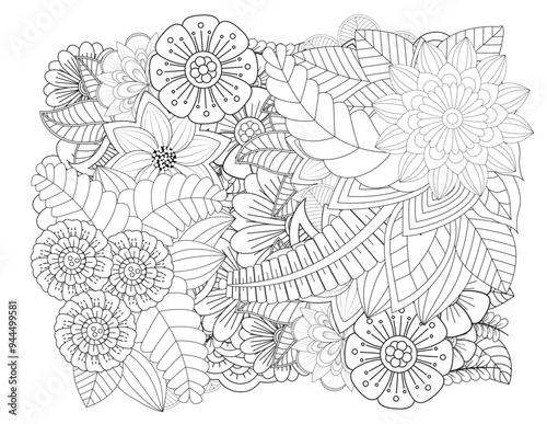  Floral picture in black and white for adult coloring books. Coloring page of monochrome flowers and leafs. Doodles pattern, Page for coloring book. Outline flowers. Doodles in black and white