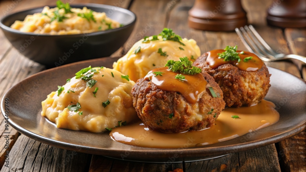A hearty serving of beef and cheddar fritters served with a side of creamy mashed potatoes and a drizzle of rich gravy A hearty serving of beef and cheddar fritters served with a side of creamy mashed potatoes and a drizzle of rich gravy
