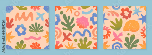 Vector summer nature artistic seamless patterns with hand drawn palm,sun,coral,seashell,wave.Trendy designs for banners,smm,branding,packaging, covers,prints.Summer surf club