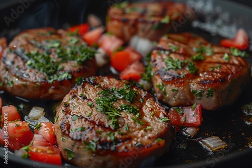 Close up beautifully cooked meat, appetizing look, hot seasoning: spices: onions and chopped tomatoes.