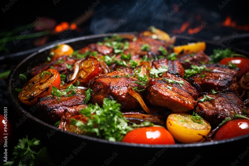 Close up beautifully cooked meat, appetizing look, hot seasoning: spices: onions and chopped tomatoes. Close up beautifully cooked meat, appetizing look, hot seasoning: spices: onions and chopped tomatoes.