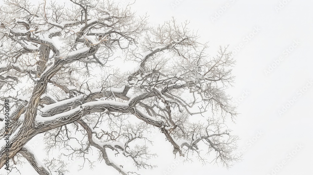 Snow-Covered Tree Branches Against White Sky. Snow-Covered Tree Branches Against White Sky.