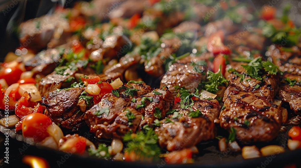 Close up beautifully cooked meat, appetizing look, hot seasoning: spices: onions and chopped tomatoes. Close up beautifully cooked meat, appetizing look, hot seasoning: spices: onions and chopped tomatoes.
