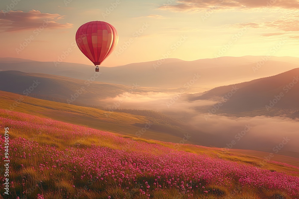 Fototapeta premium A colorful hot air balloon floats peacefully above a hillside covered in blooming pink flowers during a beautiful sunset. Generative AI