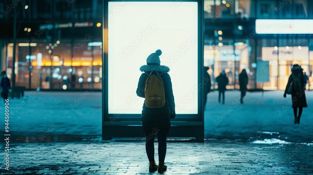 Woman Standing in Front of Blank Billboard. Woman Standing in Front of Blank Billboard.