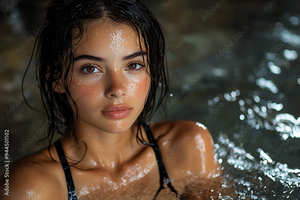 Obraz premium A woman wearing a black swimsuit poses on a sunny day, with clear skies and bright natural lighting.