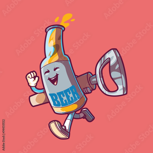 A Beer Bottle Character running vector illustration. Drink, brand, mascot design concept.
