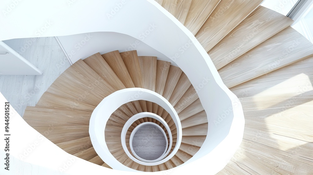 Obraz premium Spiral Wooden Staircase with Modern Design in a Bright, Minimalist Interior Space
