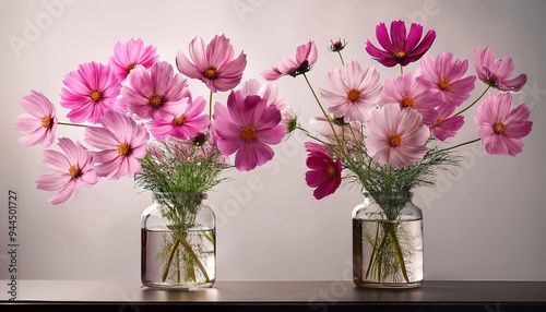 Two glass vases with cosmos flowers. Floral home decor.