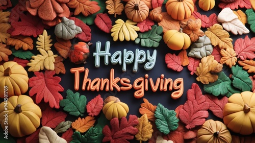 Colorful Thanksgiving illustration featuring autumn leaves and pumpkins with a festive greeting on a dark background. Generative AI
