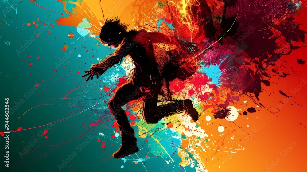 Obraz premium Abstract silhouette of a person jumping in colorful paint splatter.