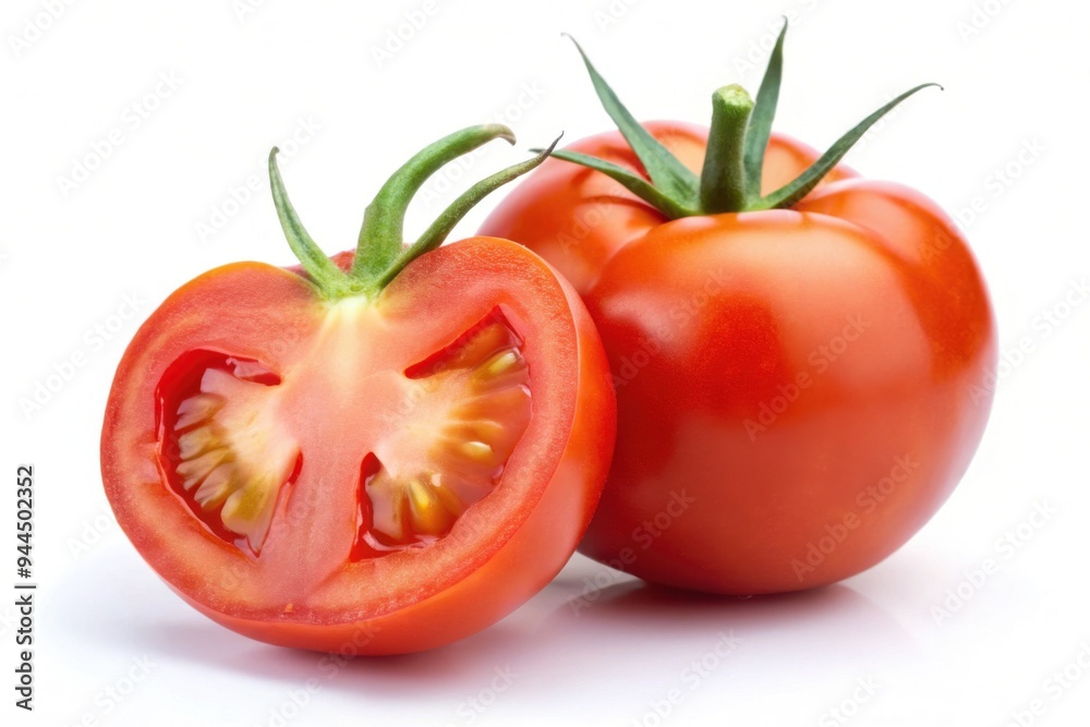 Freshly harvested ripe tomatoes resting on a clean surface, one cut open to reveal juicy red interior, showcasing vibrant colors and natural freshness. Generative AI Freshly harvested ripe tomatoes resting on a clean surface, one cut open to reveal juicy red interior, showcasing vibrant colors and natural freshness. Generative AI