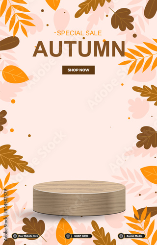 autumn sale discount portait template banner with blank space 3d podium for social media post product sale with abstract gradient brown background design 2