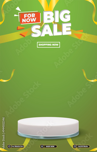 big sale discount portait template banner with blank space 3d podium for social media post product sale with abstract gradient green background design12 photo