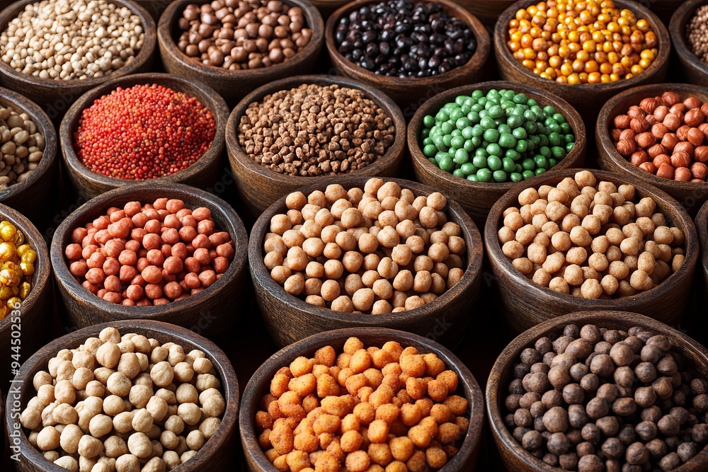 A vibrant collection of dried legumes and pulses fills wooden bowls, showcasing diverse textures and colors at a market. Generative AI A vibrant collection of dried legumes and pulses fills wooden bowls, showcasing diverse textures and colors at a market. Generative AI