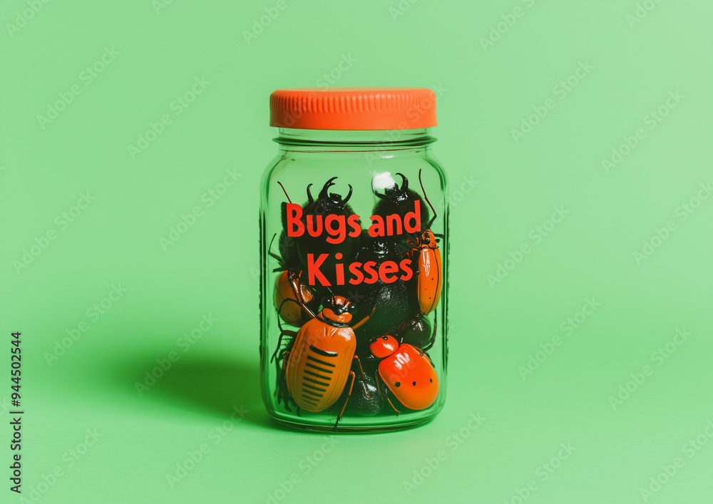 Plastic toy beetles and bugs in a glass jar that reads Plastic toy beetles and bugs in a glass jar that reads
