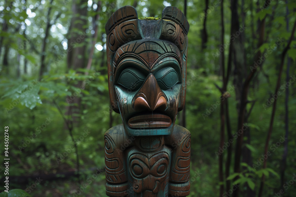 Tribal totem pole stands tall in a forest, reflecting the rich cultural heritage of Indigenous and first nations peoples Tribal totem pole stands tall in a forest, reflecting the rich cultural heritage of Indigenous and first nations peoples