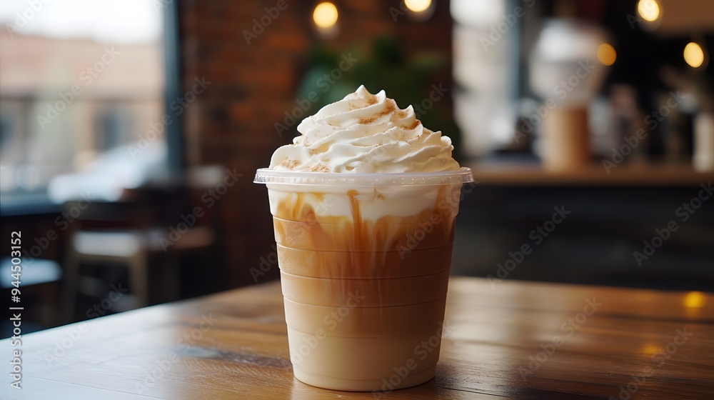 カフェテーブルに置かれたホイップクリーム入りのアイスコーヒー カフェテーブルに置かれたホイップクリーム入りのアイスコーヒー