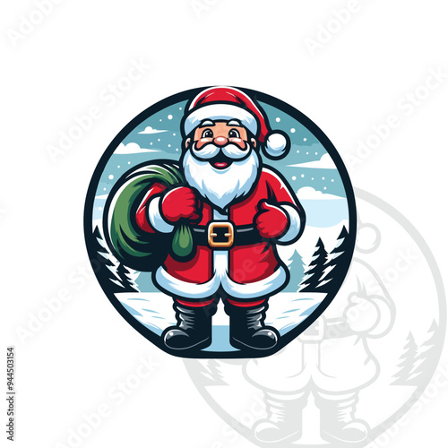 Cartoon Santa Claus Logo with Festive Winter Scene, Santa Claus Character Logo with Snowy Background

