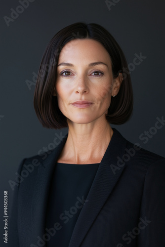 Professional businesswoman with short brown hair in a black suit poses against a dark backdrop