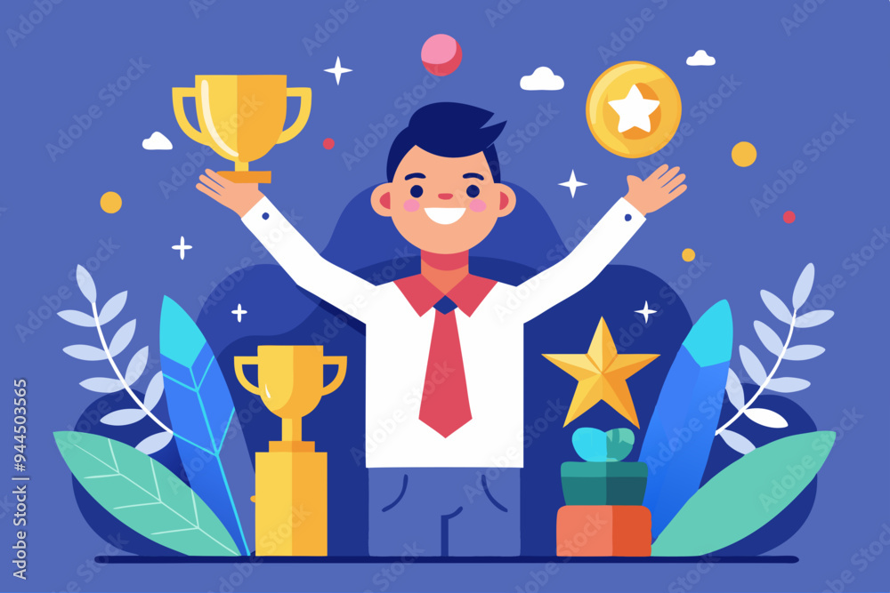 Employee engagement, commitment or motivation to success with company, staff dedication or job satisfaction, productivity or employee recognition, business people employee with stars and happy reward. Employee engagement, commitment or motivation to success with company, staff dedication or job satisfaction, productivity or employee recognition, business people employee with stars and happy reward.