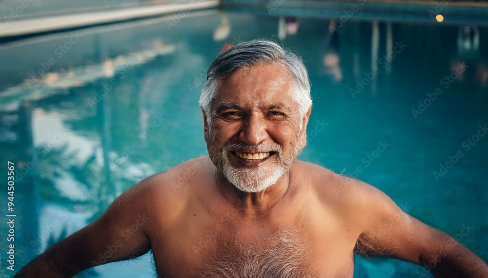 portrait of a man, happy 60 year old man in swimming pool staring into camera portrait of a man, happy 60 year old man in swimming pool staring into camera