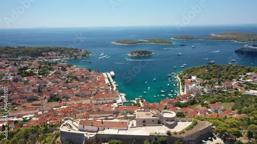 Hvar, Croatia - Aerial View Of The Town And Napoleon Fortress, Croatia. Captivating Drone Footage Of Hvar Town On Hvar Island, Croatia, With A Focus On The Historic Napoleon Fortress And Surrounding.