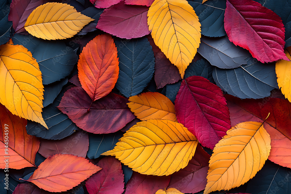 Fototapeta premium A collection of colorful autumn leaves in shades of red, orange, yellow, and dark blue, creating a vibrant seasonal pattern. 
